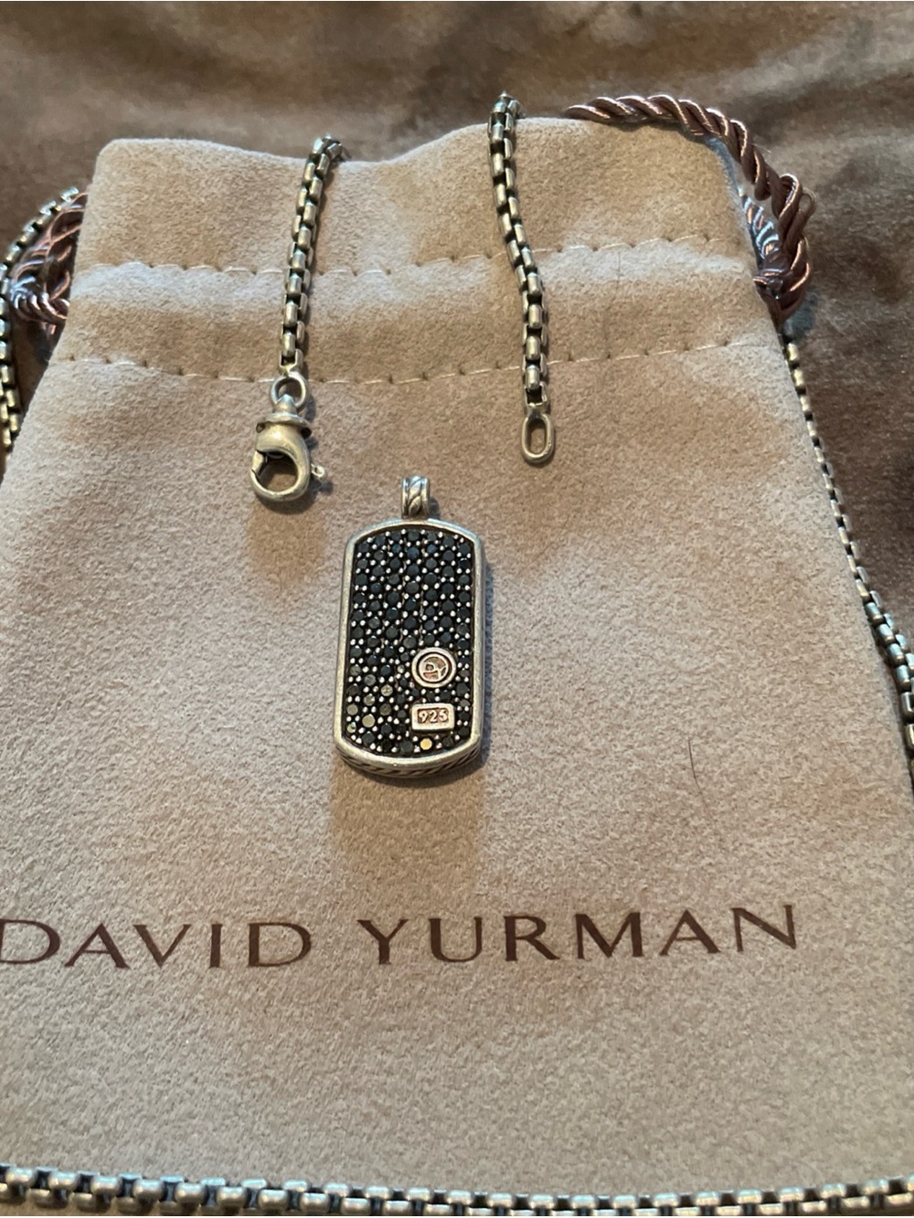 David Yurman Sterling Silver Black diamond Pavé Dog Tag Necklace 925 - Picture 2 of 6